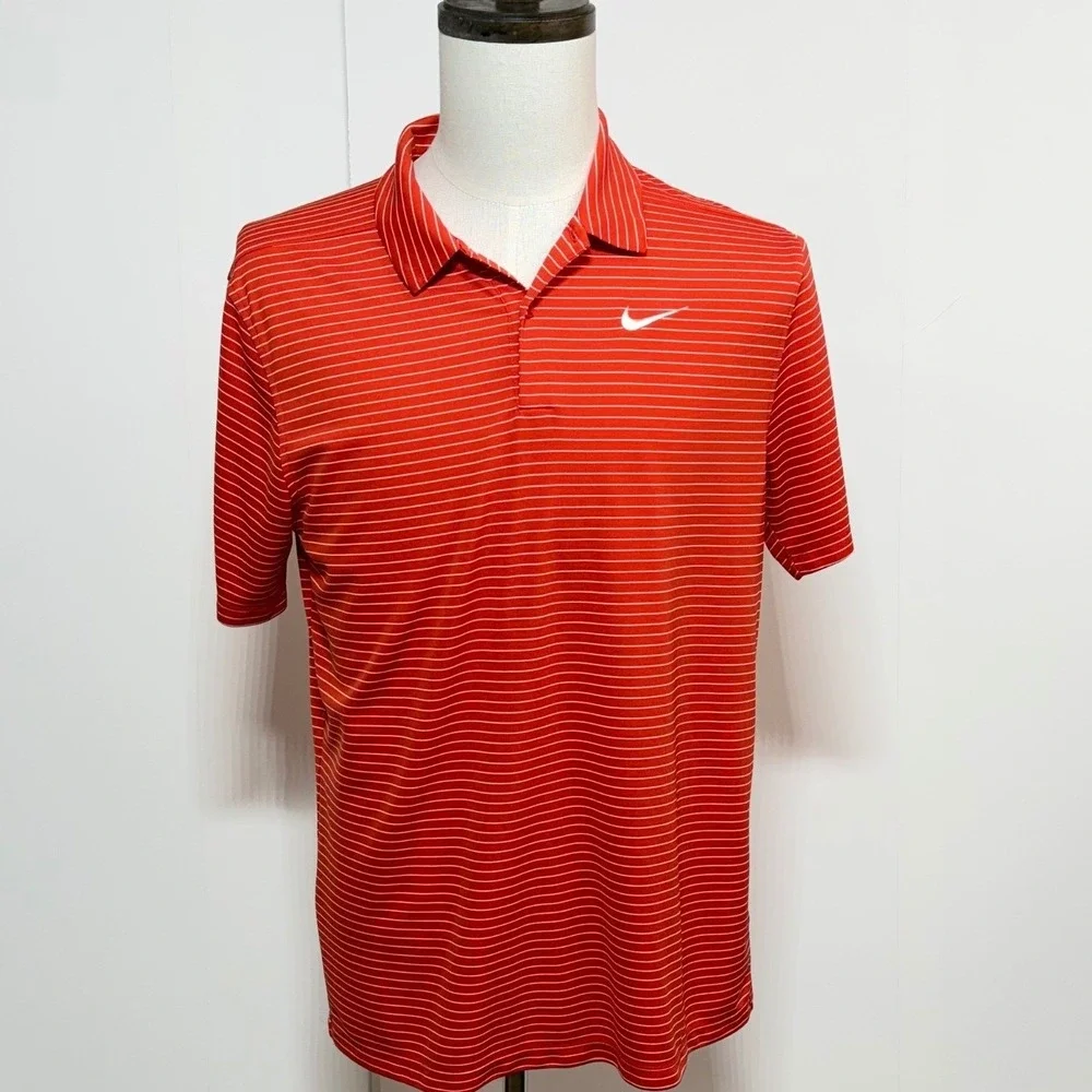 Nike Shirt Mens Medium Orange Striped Dri-Fit Performance Short‎ Sleeve Polo